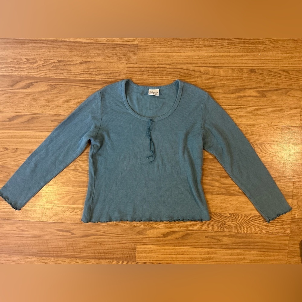 Vintage Varsity Sport Teal Waffle Knit Long Sleeve Top Women’s Medium Cotton - Picture 2 of 12